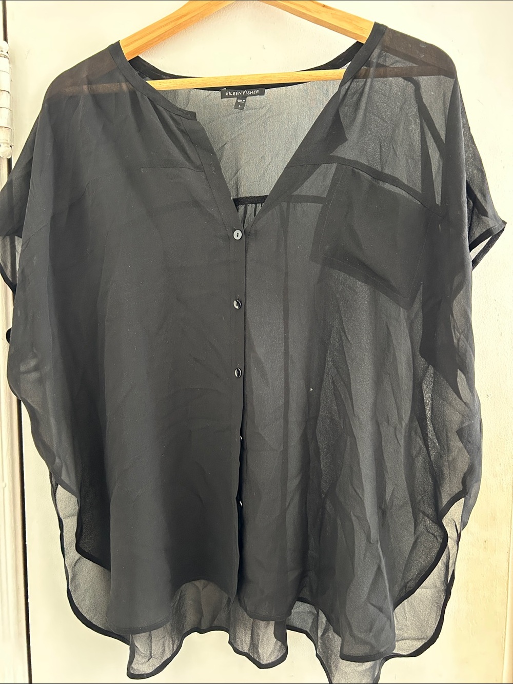 Eileen Fisher Black Sheer Button-Front Blouse